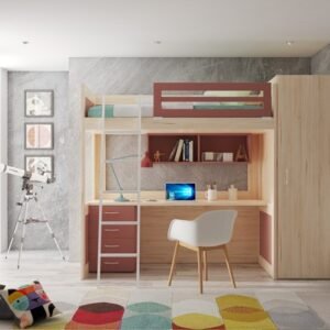 Dormitorio juvenil con litera alta y zona de estudio en la parte inferior