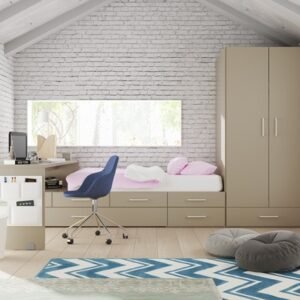 Habitación juvenil con cama modular, armario de 2 puertas y mesa deslizante con ruedas