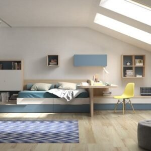 Habitación juvenil modular con cama nido, dividido en zona de descanso y zona de estudio