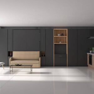 Cama abatible de matrimonio con sofá, armarios y mesa extensible