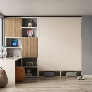 Cama abatible doble vertical con estanterías y escritorio