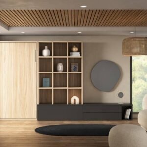 Cama abatible con mesa de TV y librería
