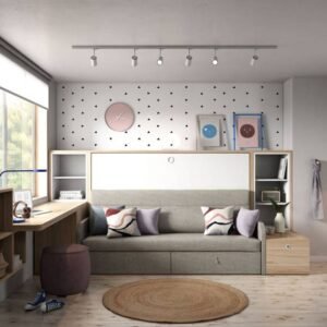 Cama abatible con sofá en un dormitorio juvenil