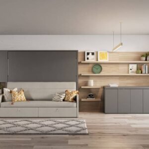 Cama abatible con sofá integrado, estantería y mesa plegable para 4