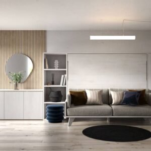 Cama abatible horizontal doble con sofá y mesa plegable