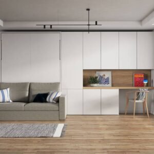 Cama abatible doble con sofá elevable y mesa colgada