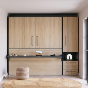 Cama abatible con escritorio integrado y armario