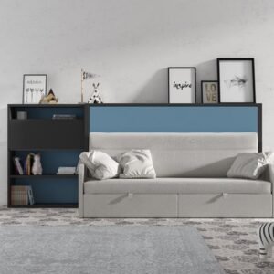 Cama abatible con sofá y pequeña zona de estudio