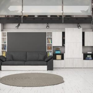 Cama abatible horizontal de matrimonio con sofá y cama nido