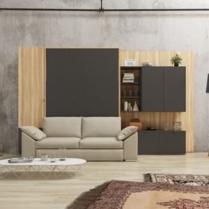 Cama abatible horizontal de matrimonio con sofá y armario